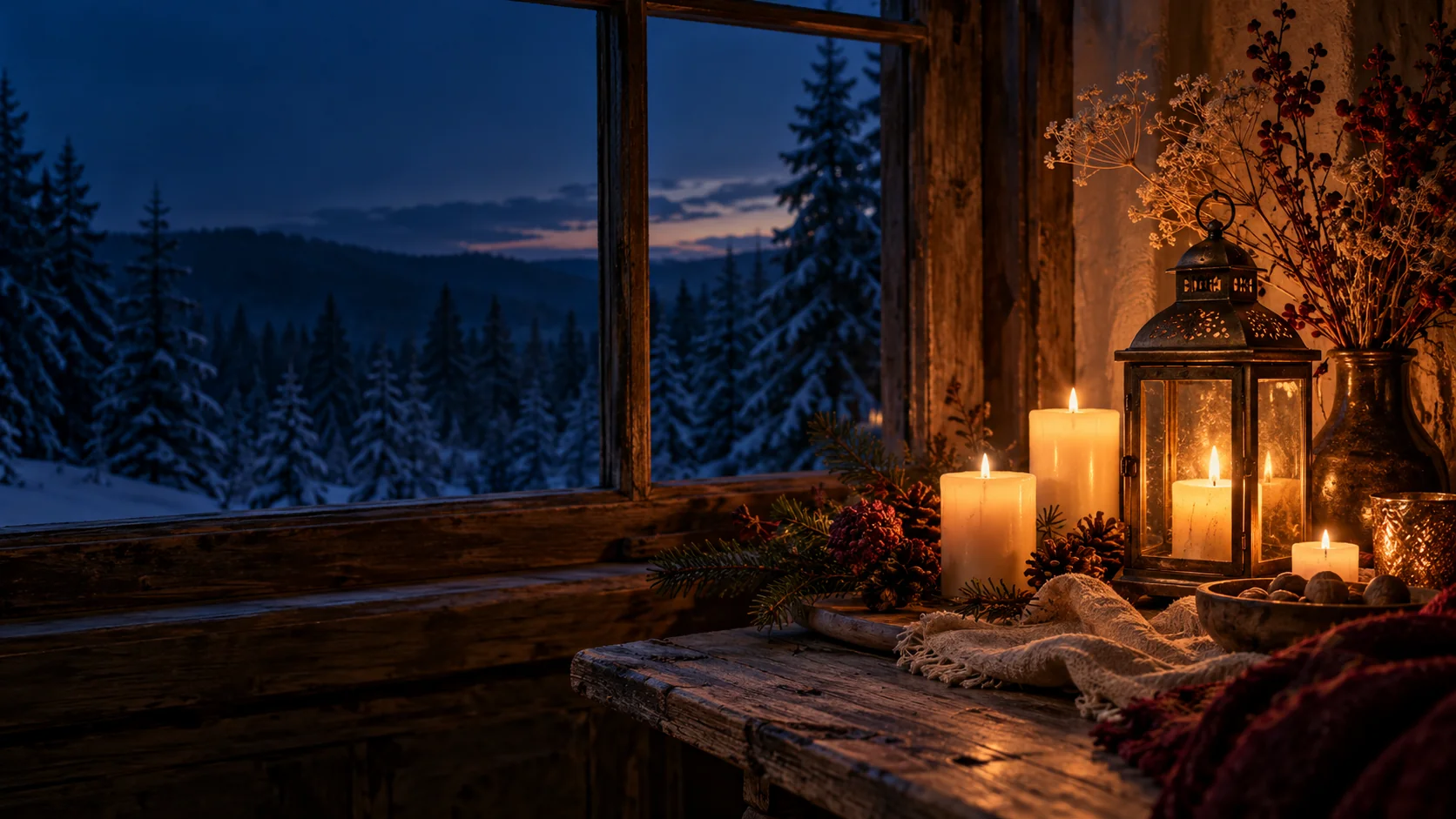 Warmer Kerzenschein und eine Laterne vor einem Fenster mit Blick in eine verschneite Winternacht